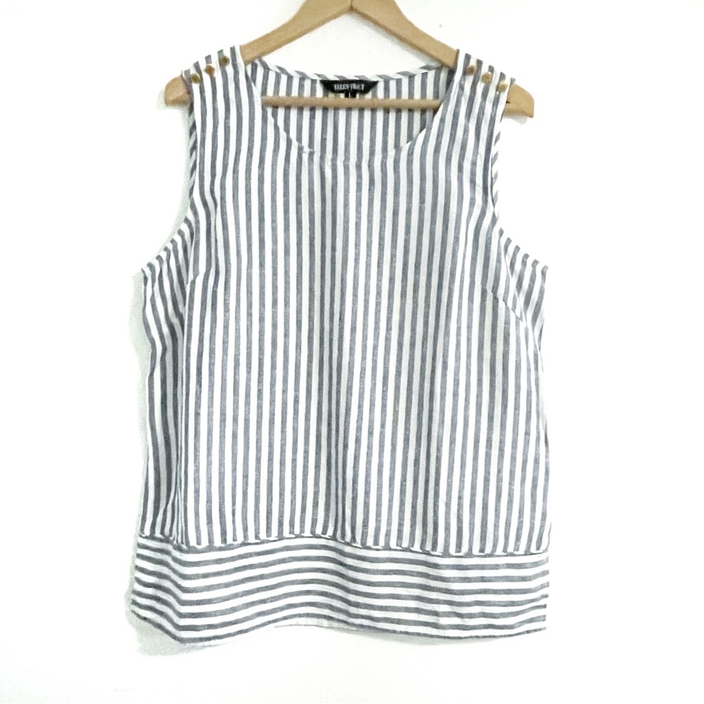 Ellen Tracy • striped sleeveless linen top with gold button detail • L